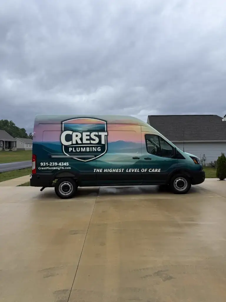Crest Plumbing service van arriving for same-day appointment at Cookeville home