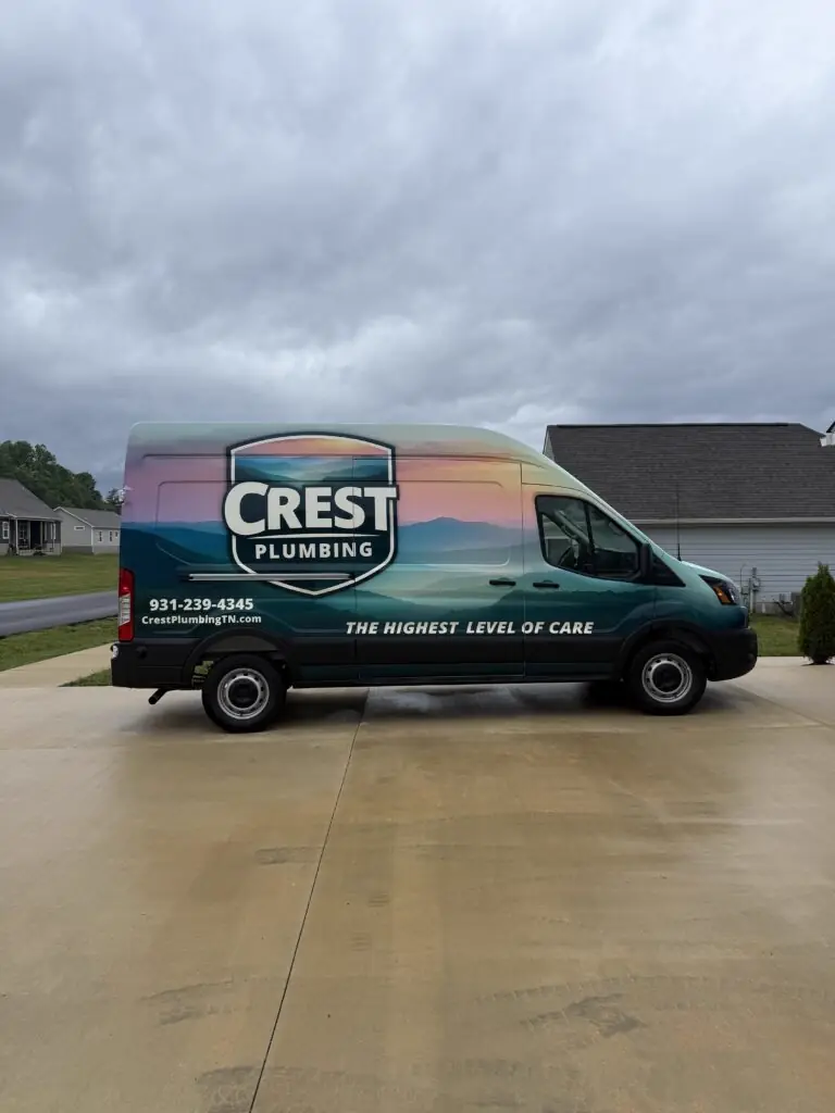 Crest Plumbing service van arriving for same-day appointment at Cookeville home