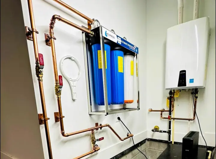 Copper whole-home water filtration installation by Crest Plumbing