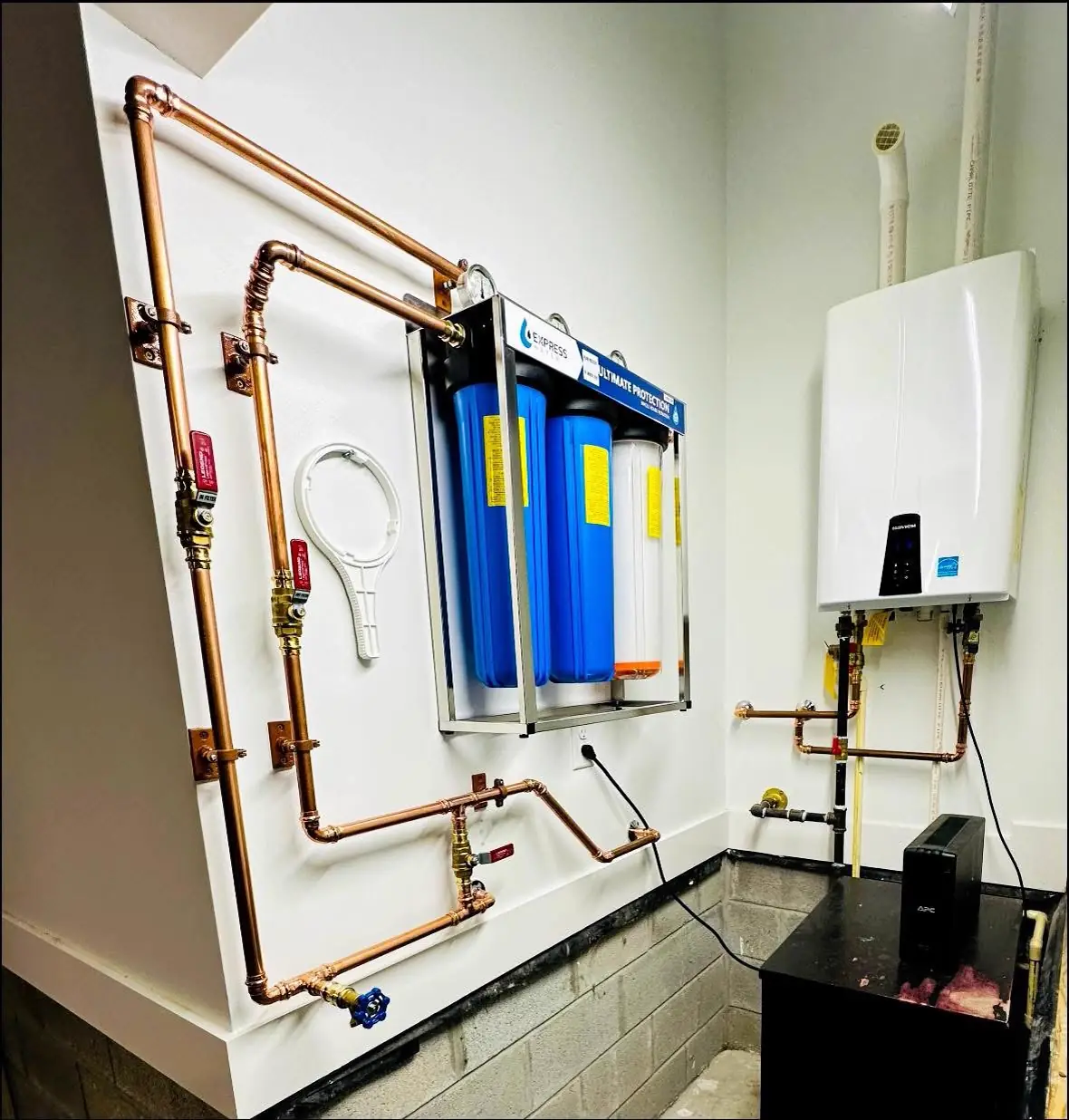 Copper whole-home water filtration installation by Crest Plumbing