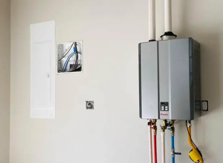 Tankless water heater on a utility wall